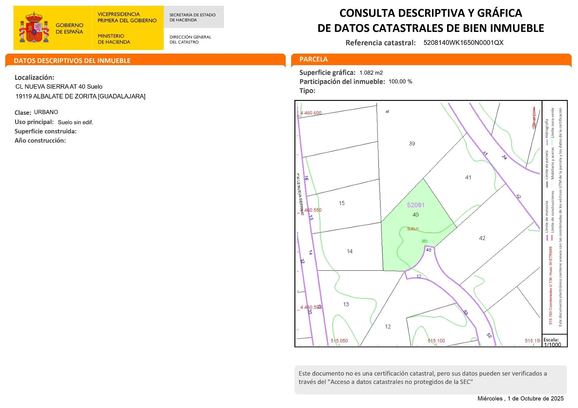 Parcela urbana en Albalate, 1.082 m²