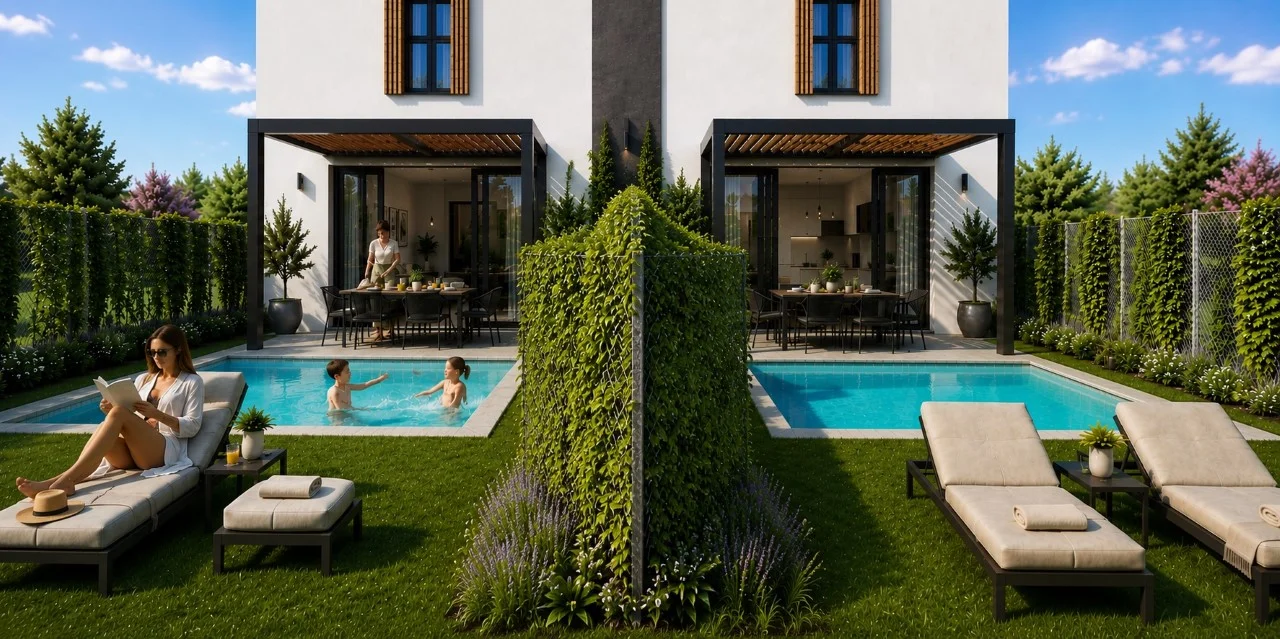Two new-build townhouses, gardens
