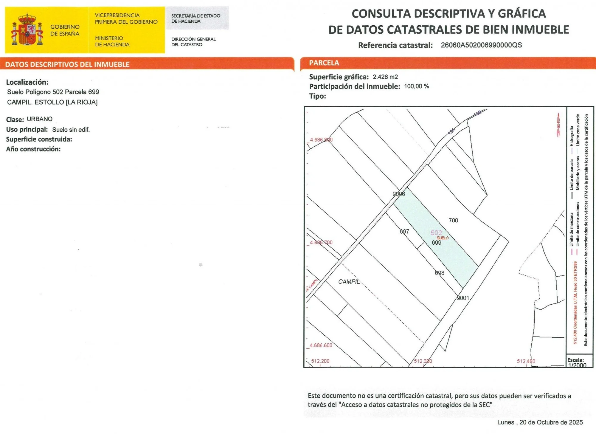 Estollo land plot, 2,350 m²