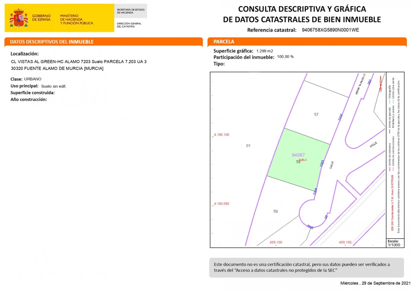 Parcela de 1.300 m² en Fuente Álamo