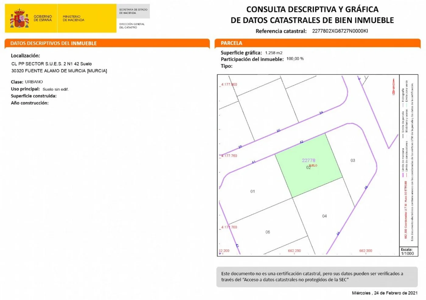 Rural plot in Fuente Álamo, 1,258 m²