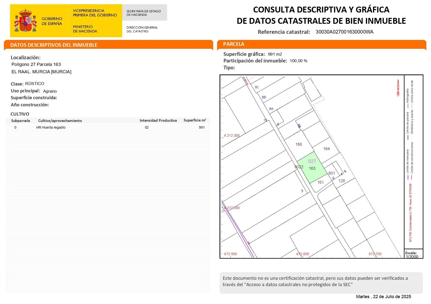 Rustic plot in El Raal, 1,000 m²