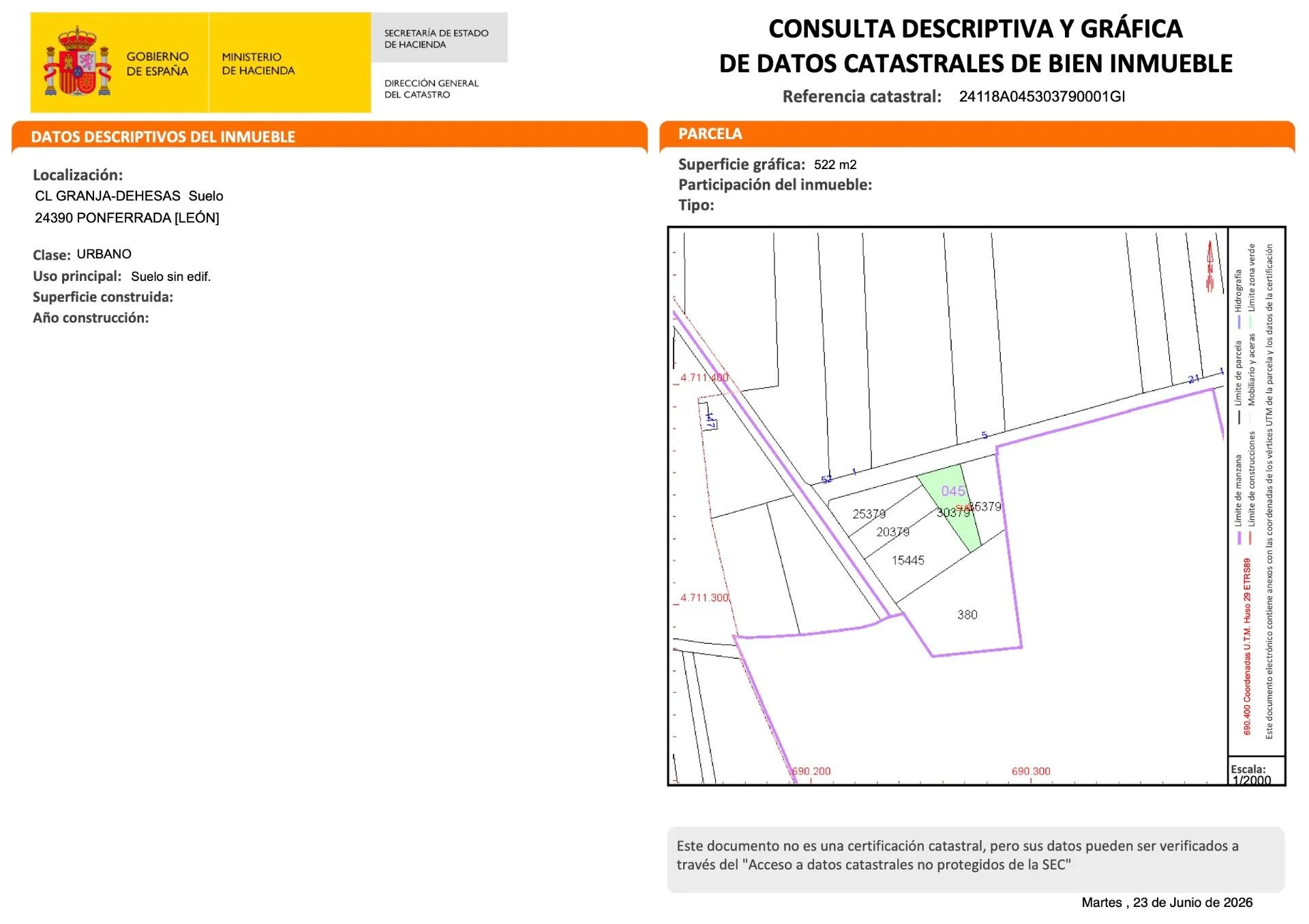 Solar urbano en Dehesas, 532 m²