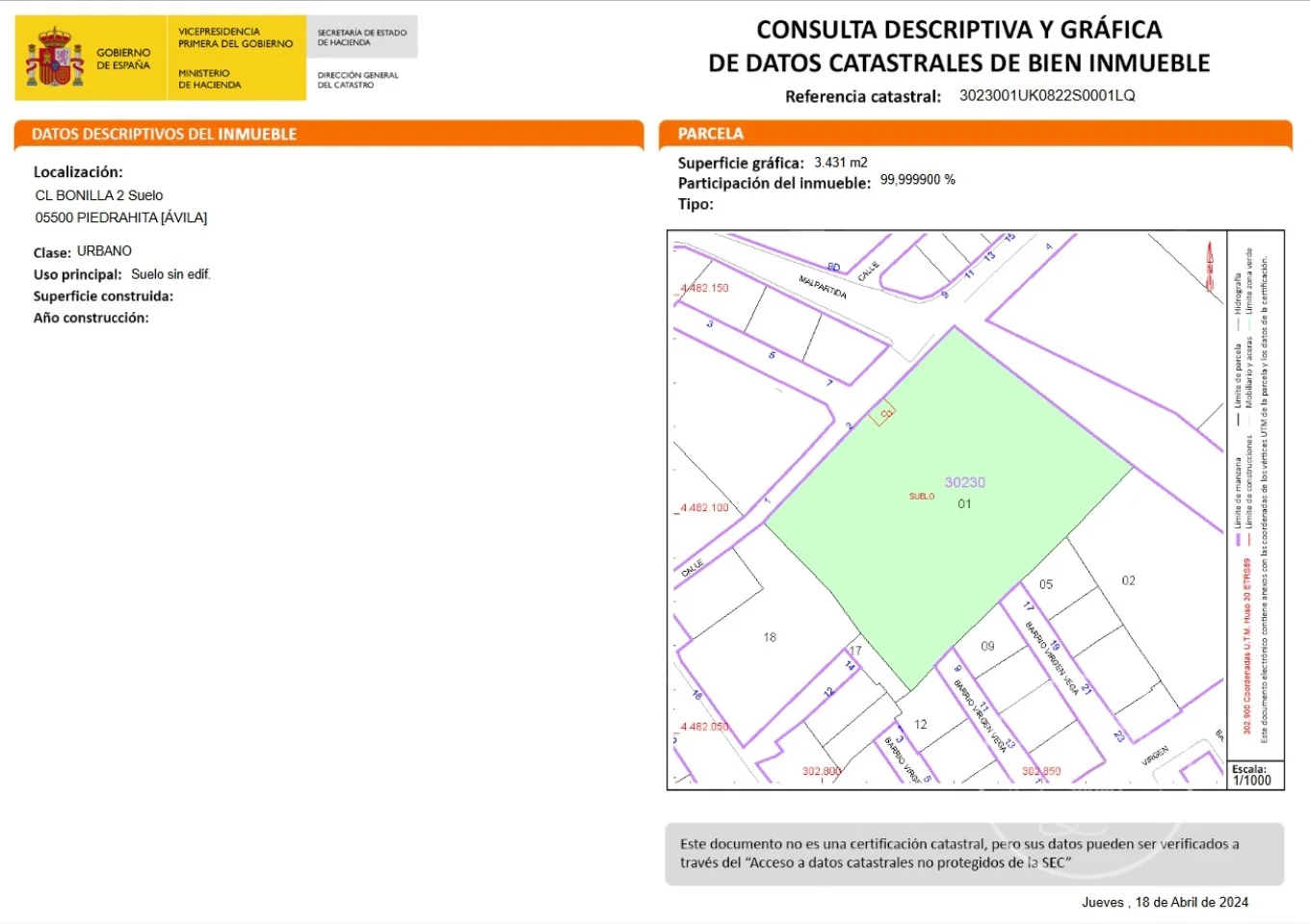 Urban land in Piedrahíta, 3,431 m²