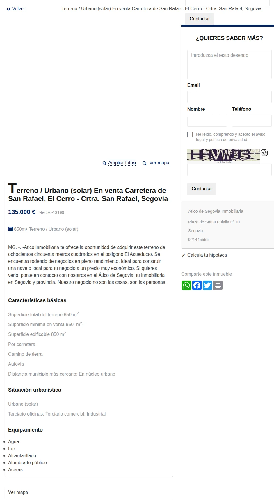 Solar urbano en Segovia, 850 m²